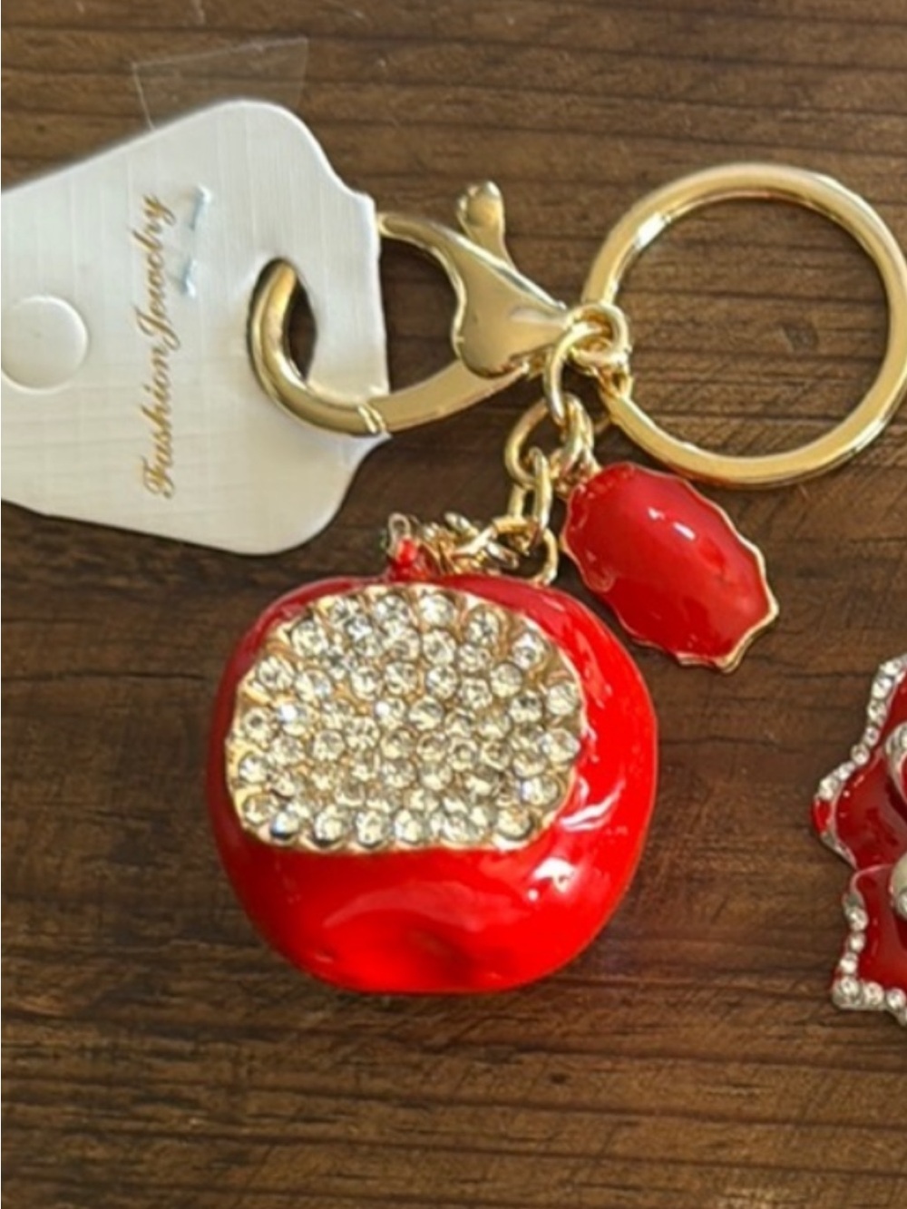 Red Crystal Apple Bag Charm Keychain with Gold Hardware